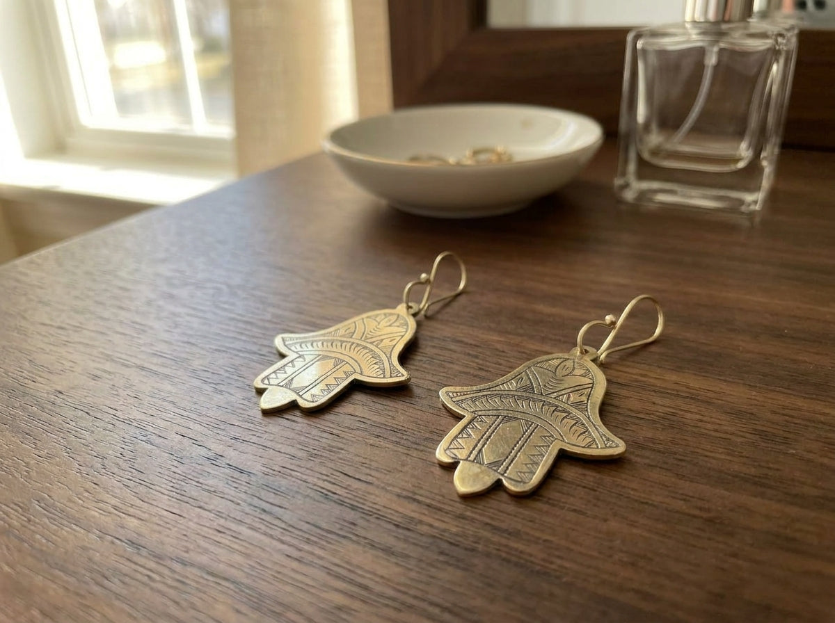 Bohemia Design Hand-Etched Brass Hamsa Earrings | Antique Gold