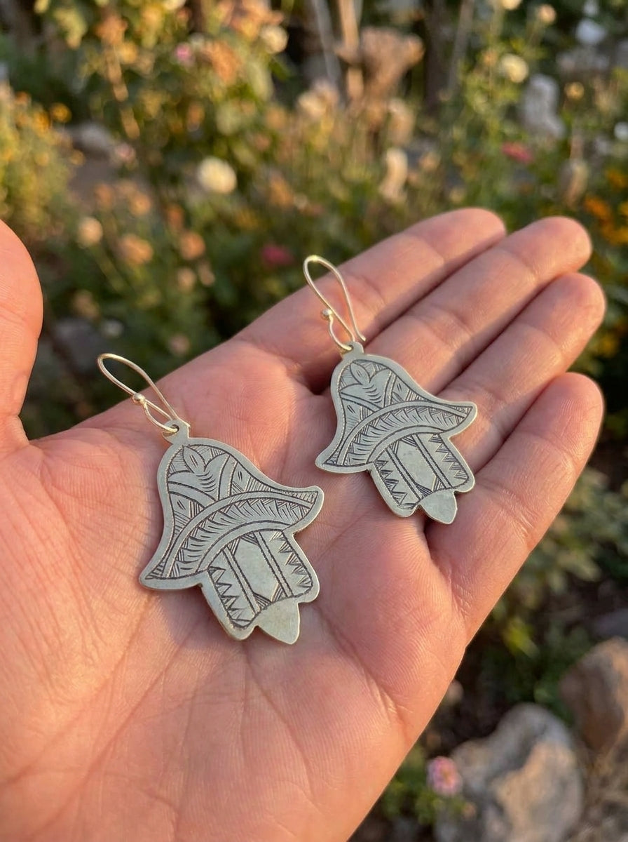 Bohemia Design Hand-Etched Brass Hamsa Earrings | Antique Gold