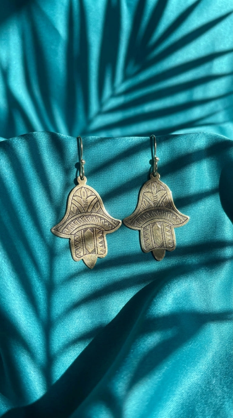 Bohemia Design Hand-Etched Brass Hamsa Earrings | Antique Gold