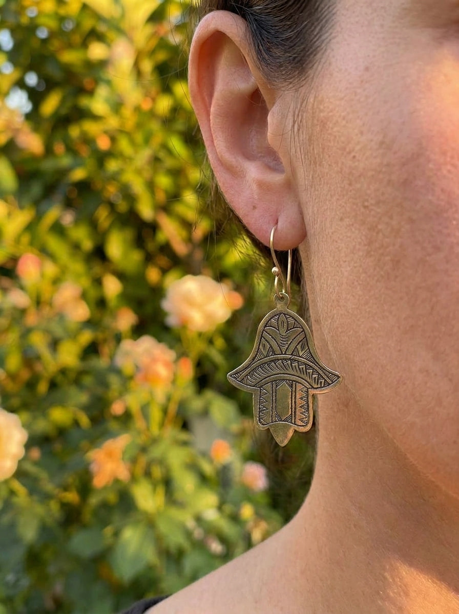 Bohemia Design Hand-Etched Brass Hamsa Earrings | Antique Gold