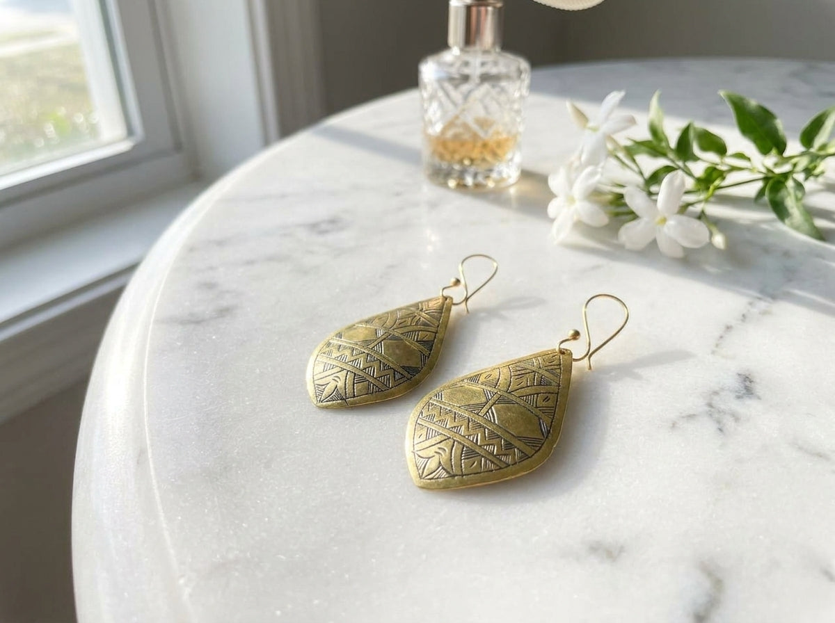 Hand-Etched Gold Berber Teardrop Earrings | Bohemia Design