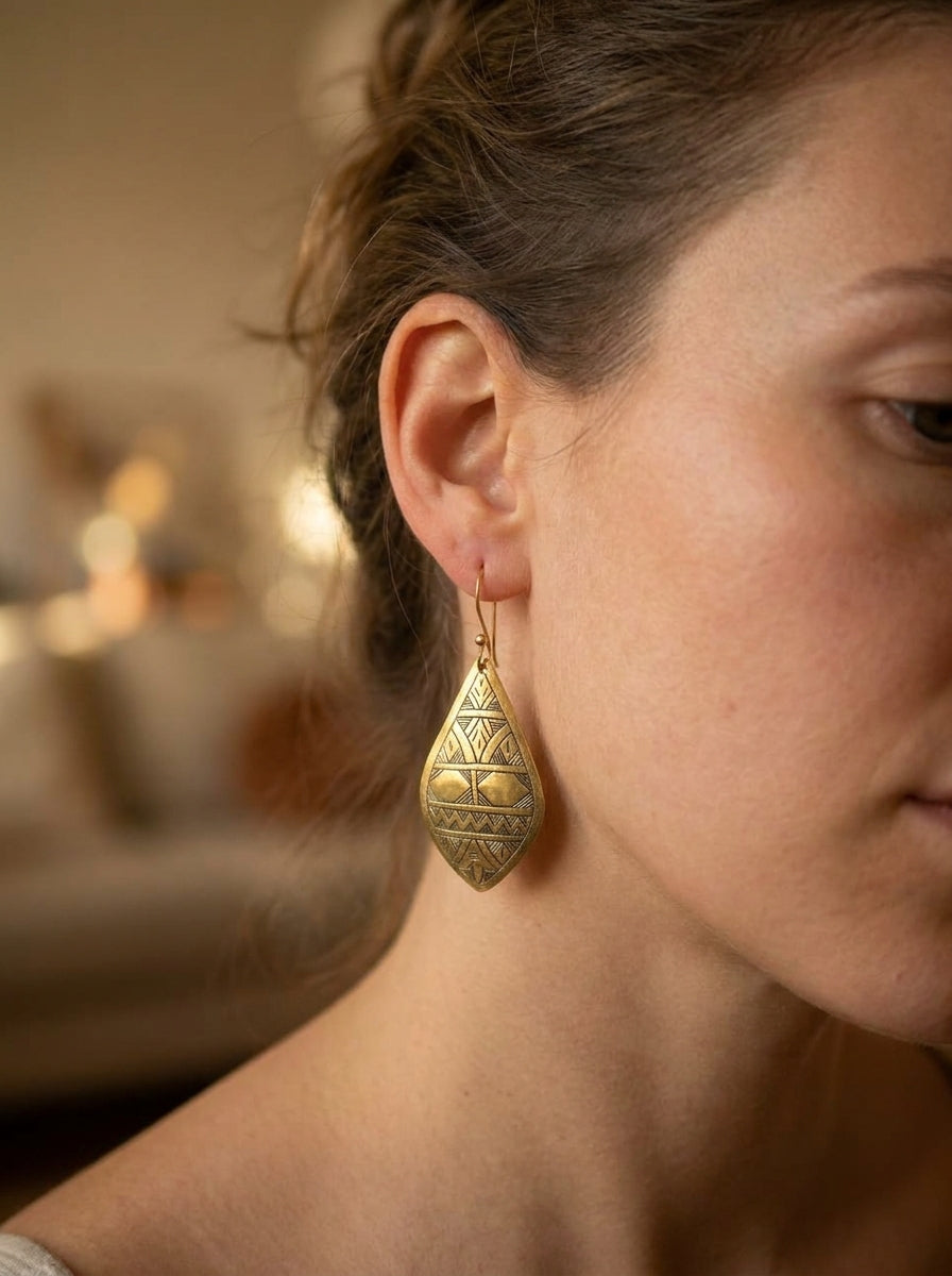 Hand-Etched Gold Berber Teardrop Earrings | Bohemia Design